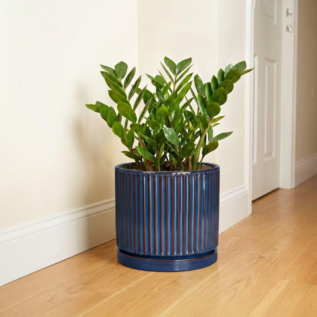 Ceramic Planter, 10 Inch Plant Pots with Saucer, Retro Blue