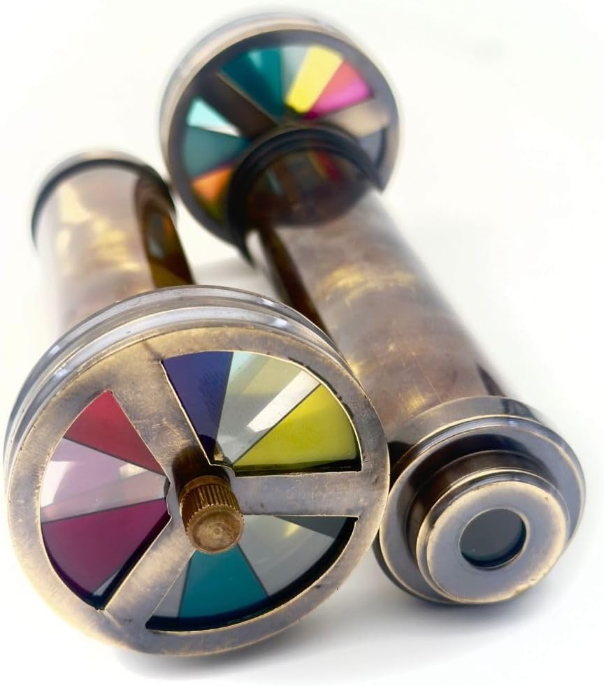 Handcrafted Etched Floral Brass Kaleidoscope - Vintage Lacquered Collectible with Dual Turning Wheels - Antique