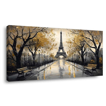 Romantic Paris Eiffel Tower Canvas Wall Black and Gold Cityscape Painting Print Gallery Wrapped Vintage City Artwork