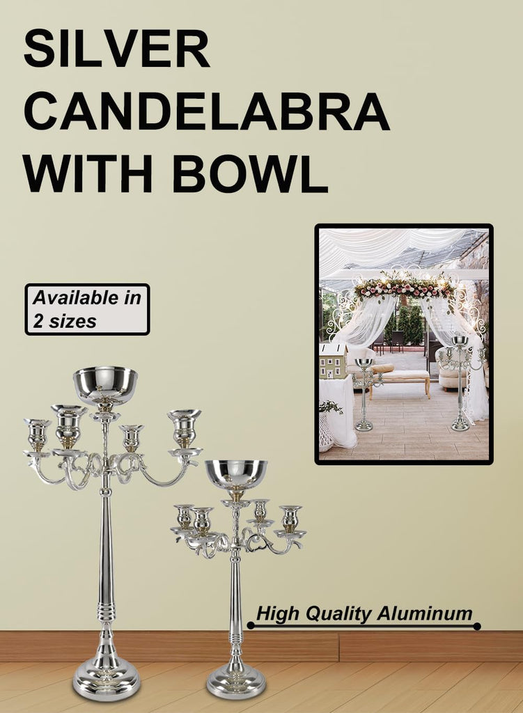 Silver Candelabra with Bowl – Elegant Nickel Finish, 4 Candle Holders & Floral Arrangement Bowl, Weddings, Events &