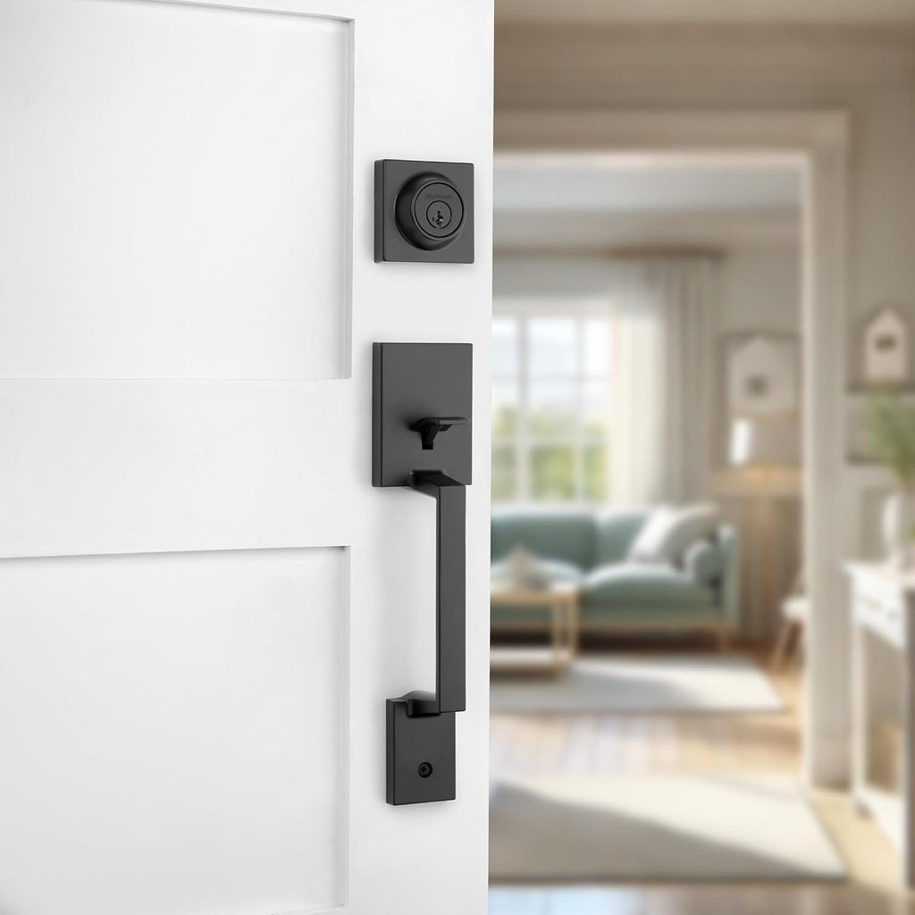 Amador Front Door Lock Handle and Deadbolt Set, Entry Handleset Exterior with Casey Reversible Lever, Matte Black - Door Handleset