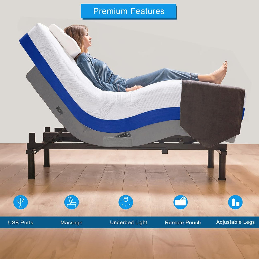 Premium Split King Adjustable Bed with 14 Inch Copper Gel Memory Foam Sleep System, Massage, Zero Gravity - Set of 4