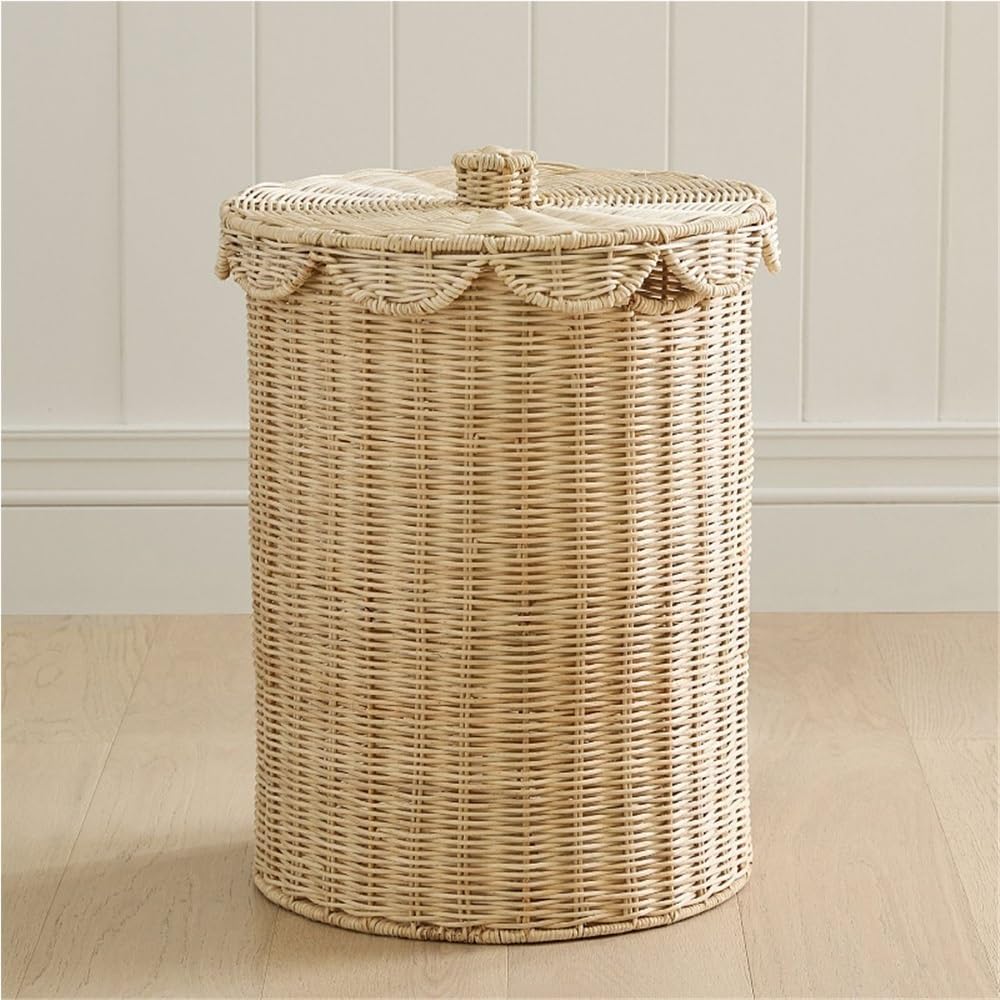 Woven Rattan Storage Basket with Lid, Round Laundry Hamper with Metal Frame | Handmade Rattan Basket for Clothes