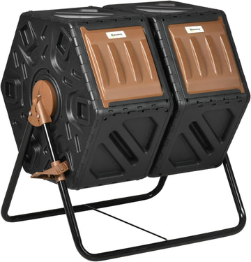 Outdoor Dual Chamber Compost Tumbler Bin with 24 Ventilation Openings and Steel Legs for Garden, Kitchen, Yard