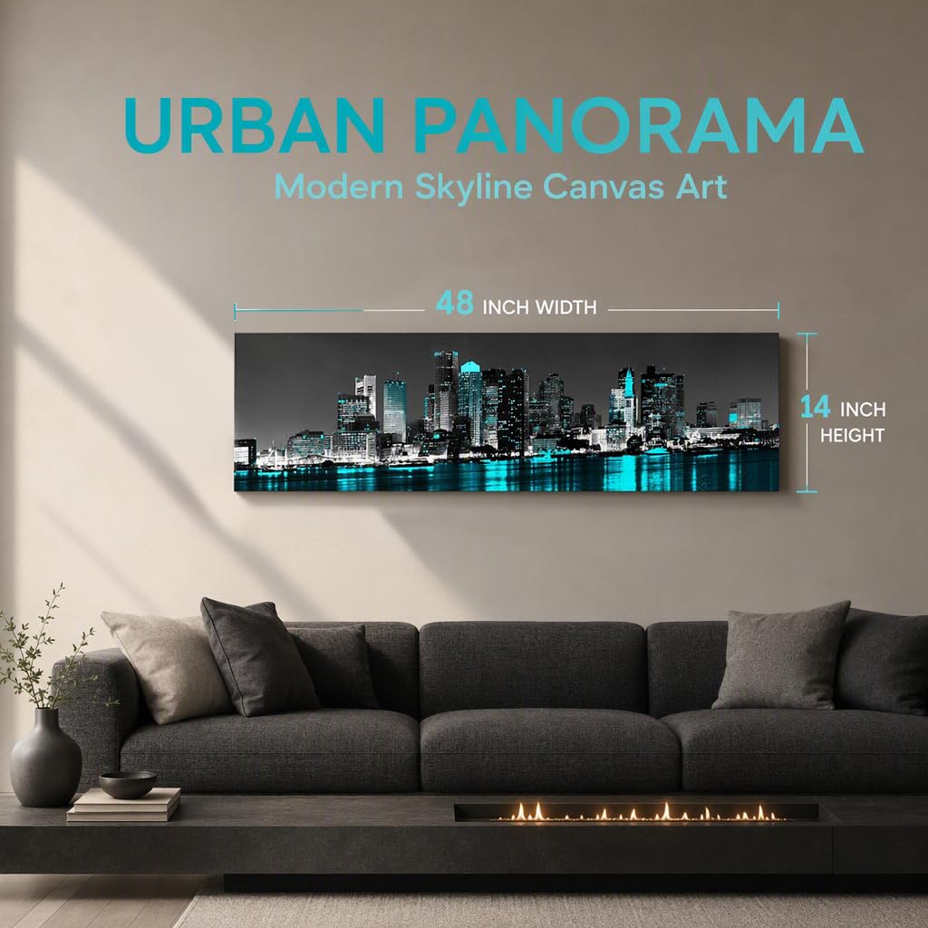 Boston Skyline Canvas Wall Modern Cityscape Decor Framed 14x48in