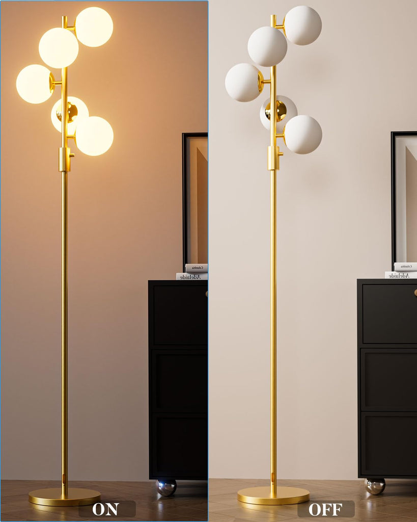 Dimmable Gold Globe Floor Lamp, 64IN Tall Standing Lamps with 5 Globe Warm White 3000K Bulbs, Mid Century Modern