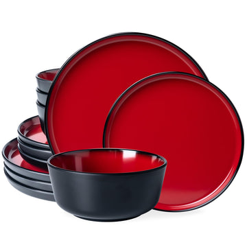Melamine 12-Piece Modern Dinnerware Set, Kitchen Plates and Bowls Sets, Luxury 2 tone Red and Black Ceramic look Dish