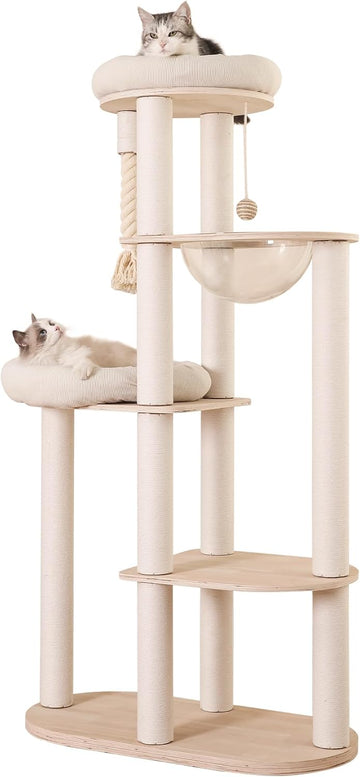 59" Modern Cat Tree Multi-Level Large Cat Tower Heavy Duty Wooden Cat Tree with Hammock, Cotton Scratching Post