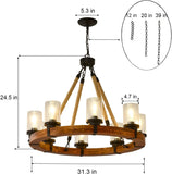 8 Light Wagon Wheels Chandeliers,Round Wood Pendant Light with Seeded Glass Shade Rustic Farmhouse Pendant for Dining Room Kitchen and Entryway A105-B0DN1KTN85