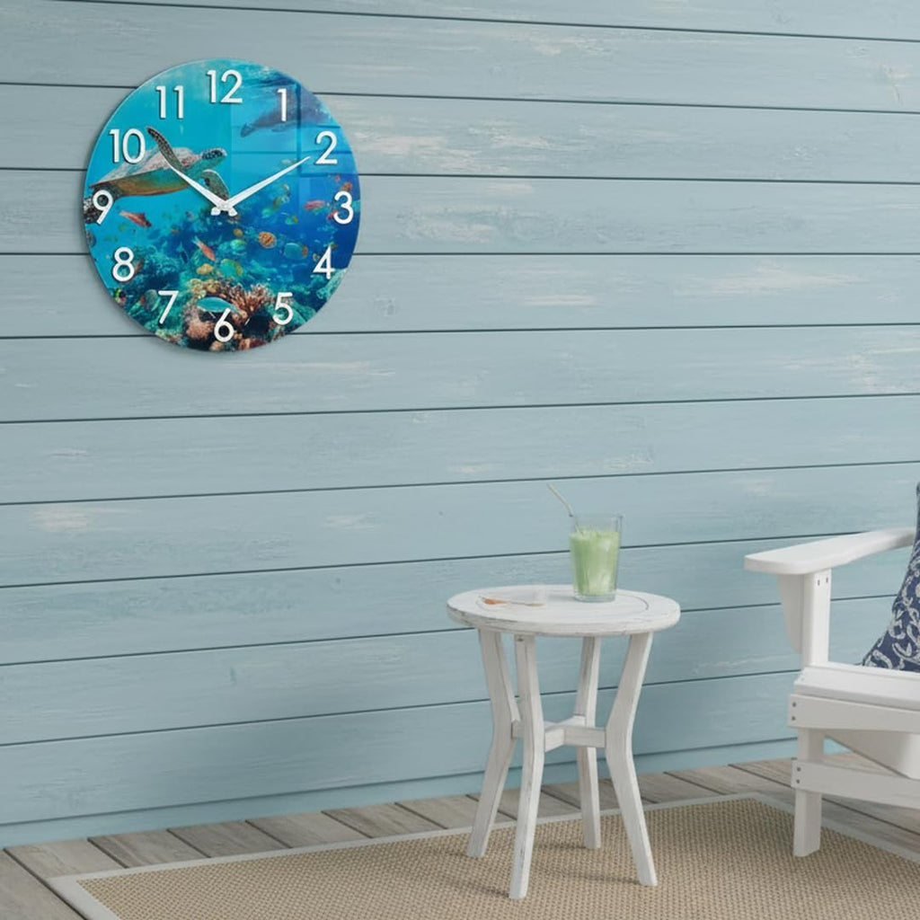 14 Inch Outdoor Clock - Waterproof Tempered Glass with Sea Turtle & Marine Life Theme, UV Resistant, Silent Nautical