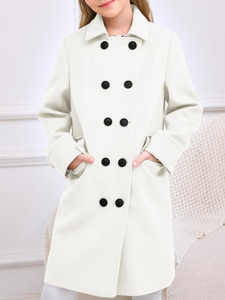 Girls Double Breasted Trench Coat Notch Lapel Long Peacoat