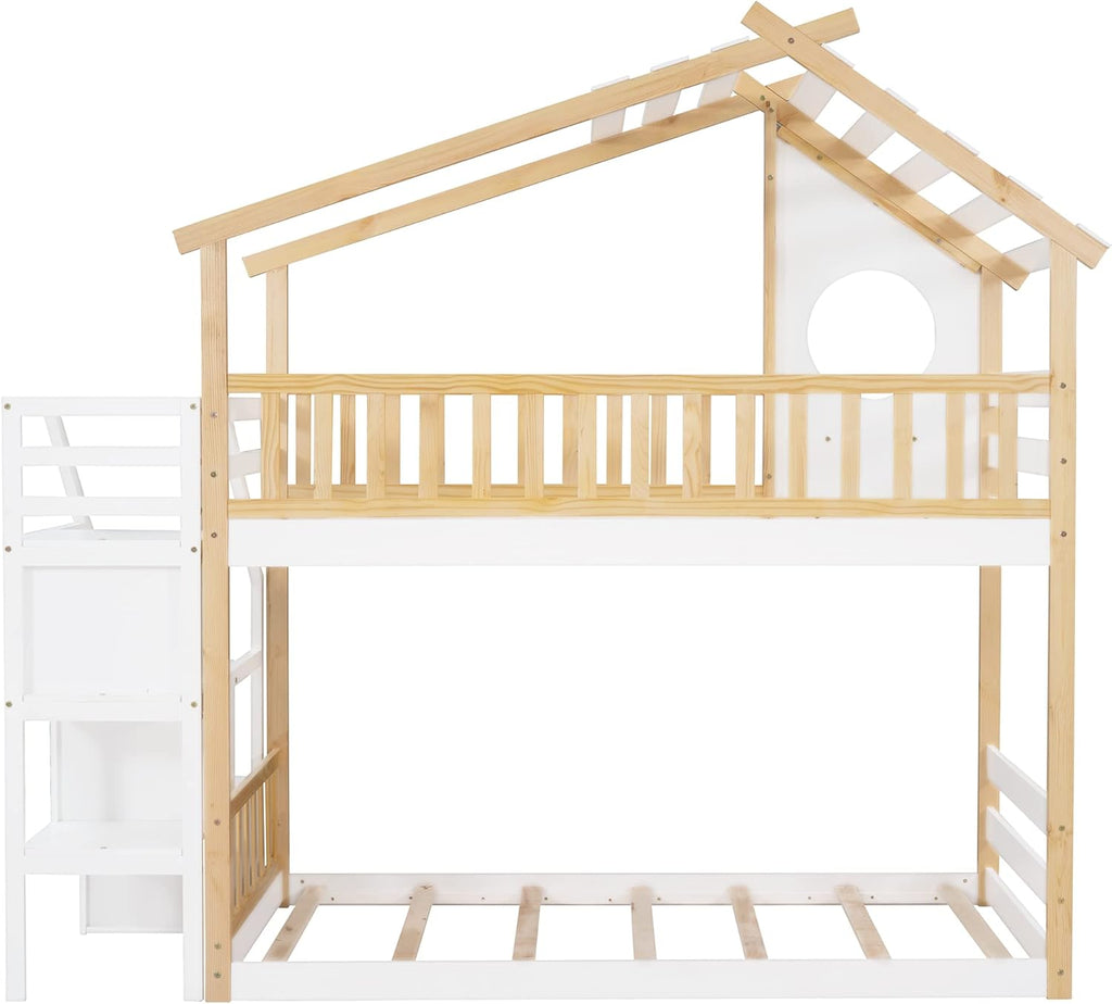 Twin Over Twin Bunk Bed with Stairs, Stairway House Bunk Bed Frame with Storage and Guard Rail for Kids Girls Boys