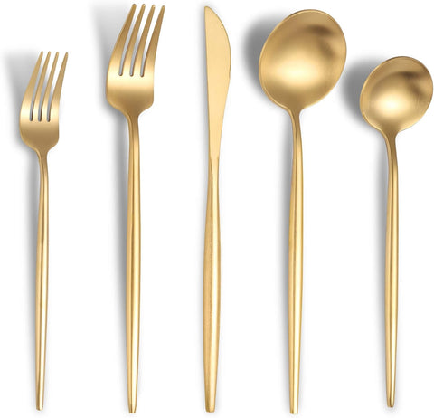 Matte Gold Silverware Set for 6,Modern Stainless Steel Brushed Cutlery Set,30-Pieces Heavy Duty Flatware Set
