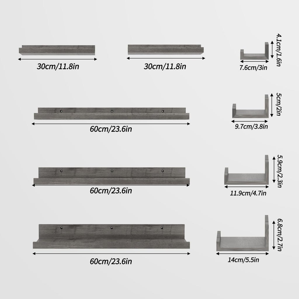 Rustic Grey Floating Shelves for Wall 24 Inch Long, Set of 5 Tiered-Depth Wall Shelves, Picture Ledge Shelf