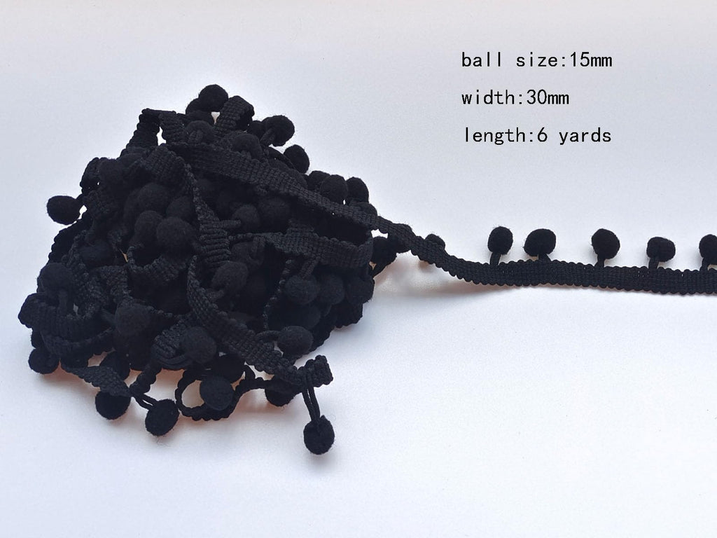 Pom Pom Trim 6 Yards 15mm Ball Fringe Trim for Sewing Accessory Decoration DIY Crafts(Black, 2311)