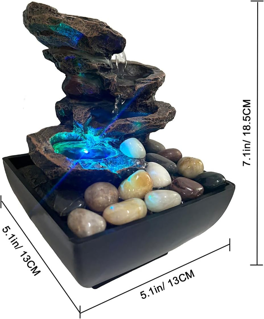 Tabletop Fountain Indoor Waterfall Rock Fountain, Meditation Fountain with Color LED Light, Waterfall Feature Decor