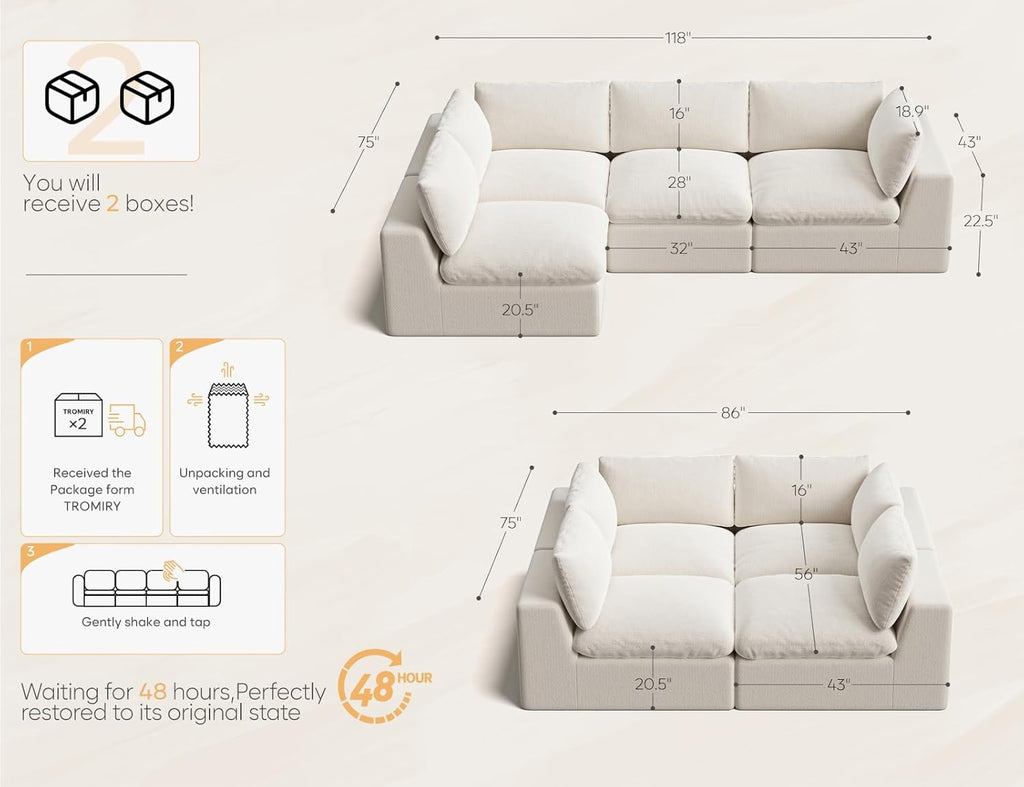 120" Cloud Sectional Couch | Oversize Boneless Couches for Living Room | 4 Seater Modern L-Shape Sofa | Ivory White