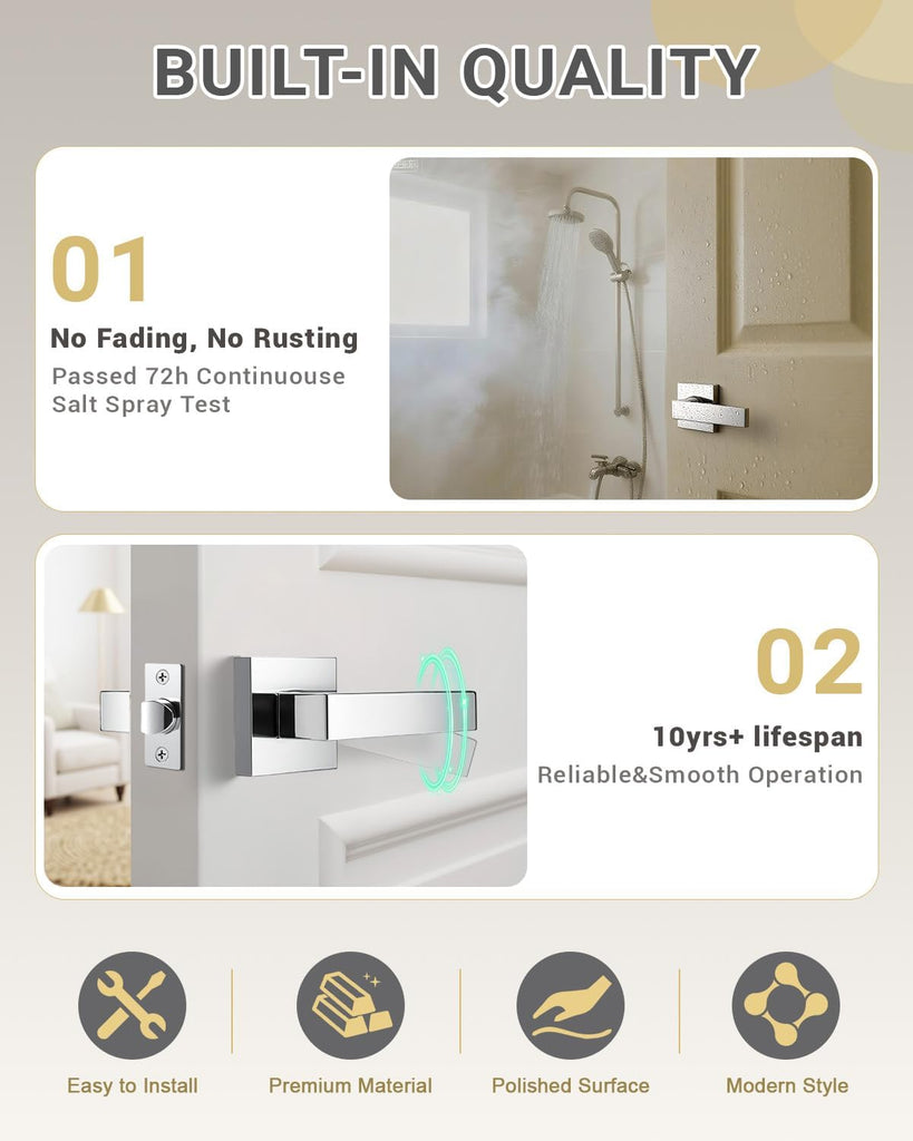 1 Pack Polished Chrome Door Handle Square Doorknob with Lever Interior Door Lever for Closet Hallway