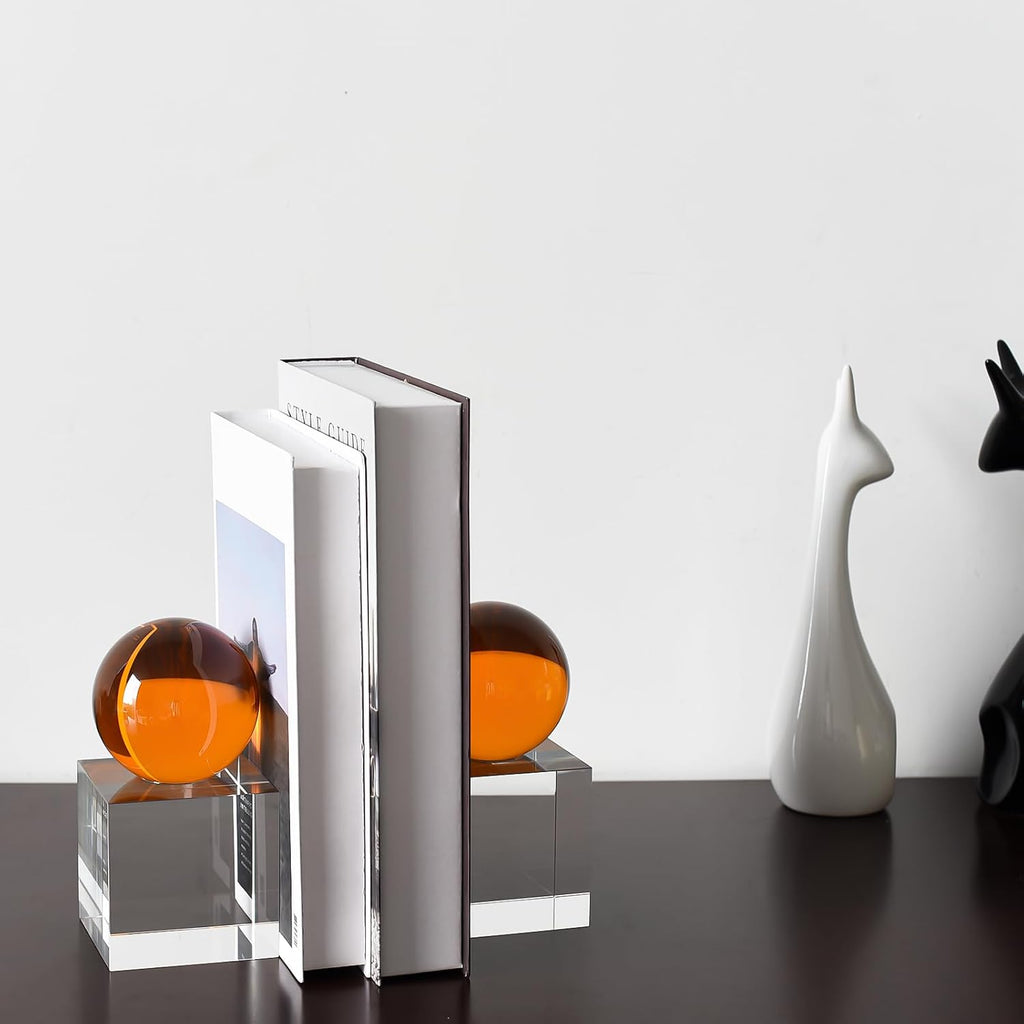 Crystal Bookends, 1 Pair of Decorative Tabletop Bookends , Desk, Comes with Gifed Box, Amber