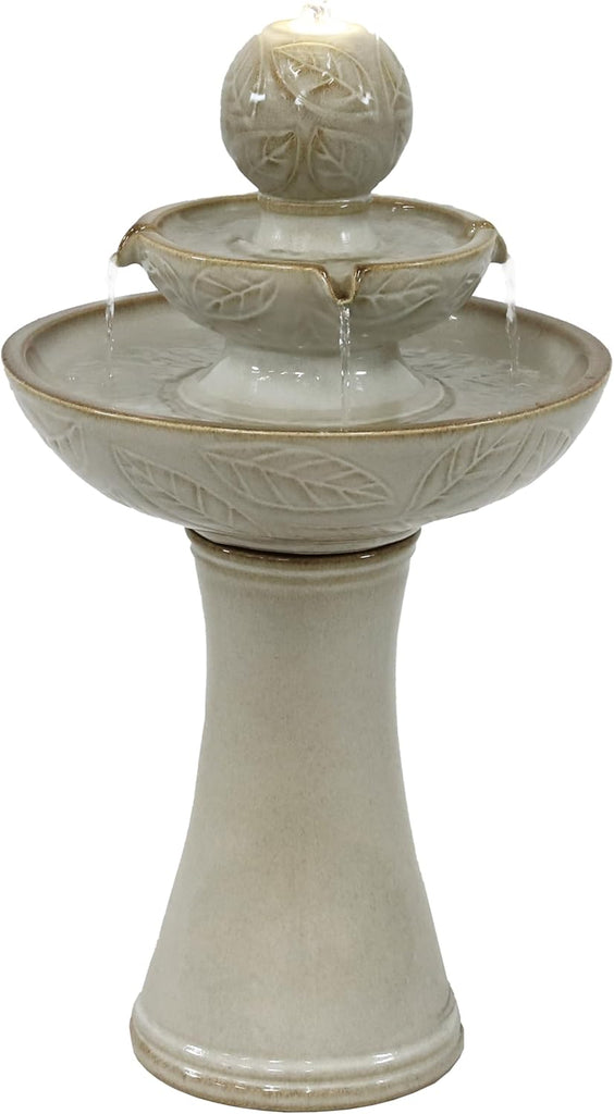 Gentle Glow 26.5" H 2-Tier Ceramic Outdoor Fountain with LED Light - Tiered Water Feature with Electric Pump - Off-White