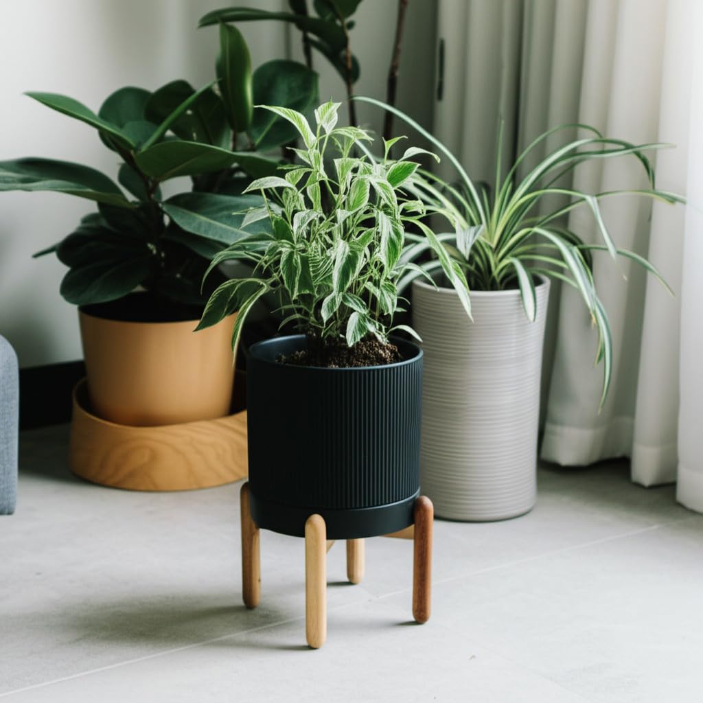 8 Inch Ceramic Planter with Natural Wood Stand w/Drainage & Saucer - Modern Indoor Planter for Cacti, Snake Plants &