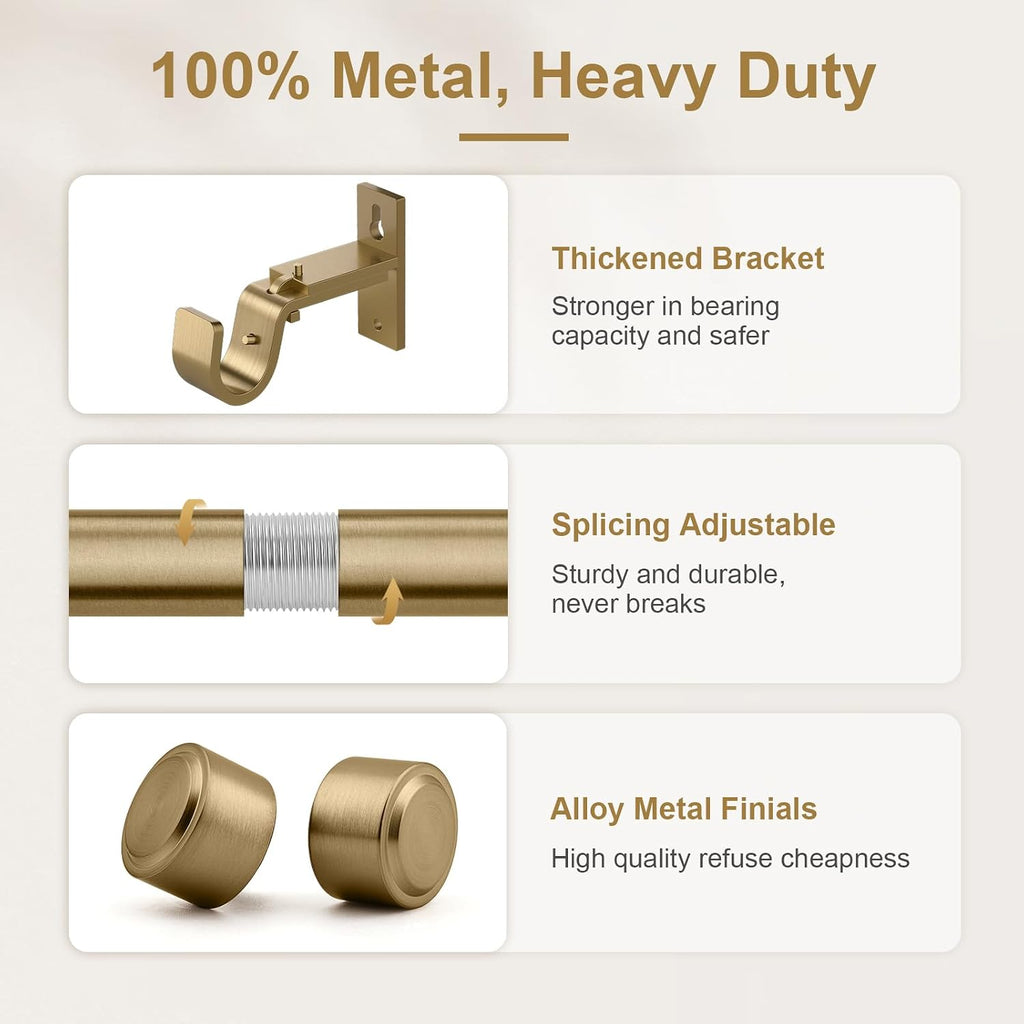 Warm Gold Brass Curtain Rod, 1" Diameter Heavy Duty Window Rod with Solid Aluminum Finials