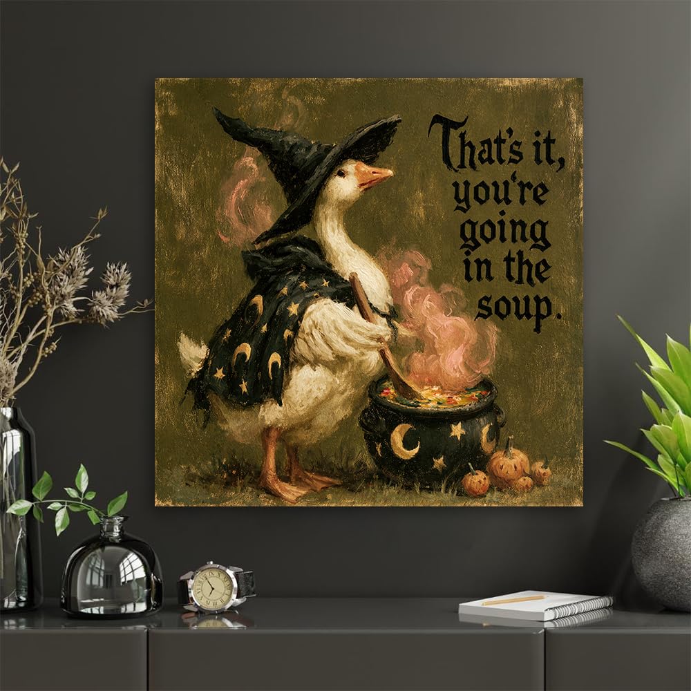 Vintage Witch Goose Wall Art- Funny Halloween Gothic Sign Canvas Pictures with Cauldron and Pumpkins Dining Room