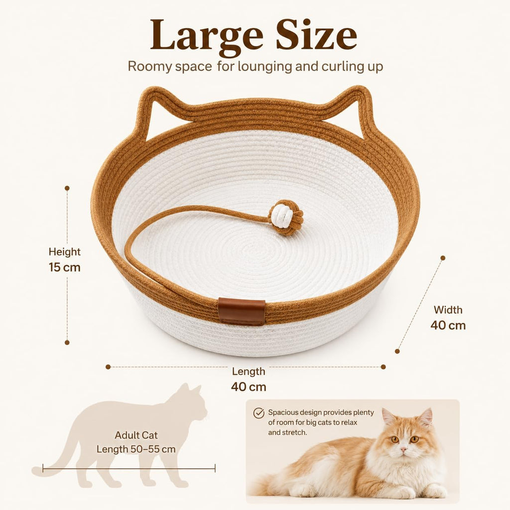Instinct Basket for Cats, 40cm Handwoven Cat Basket Bed, Cotton Rope Cat Bed with Ear-Shaped Handles & Rope Ball