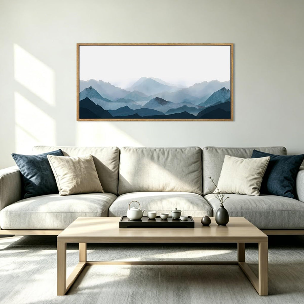 Blue Framed Mountain Landscape Wall Art Fog Mountain Painting Wall Decor Living Room Office Decor 20x40 Inch