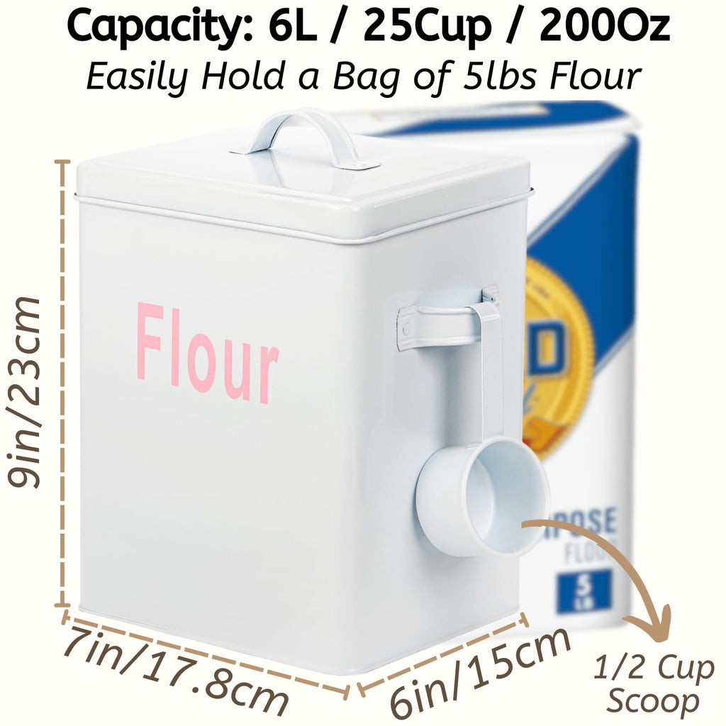Metal Flour Container with Scoop and Lid, 6.3 Quart (Holds up to 7 lbs), Galvanized Steel Flour Canister with