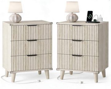 Wood Nightstands Set of 2 w/Charging Station, 3 Drawers Fluted Dresser