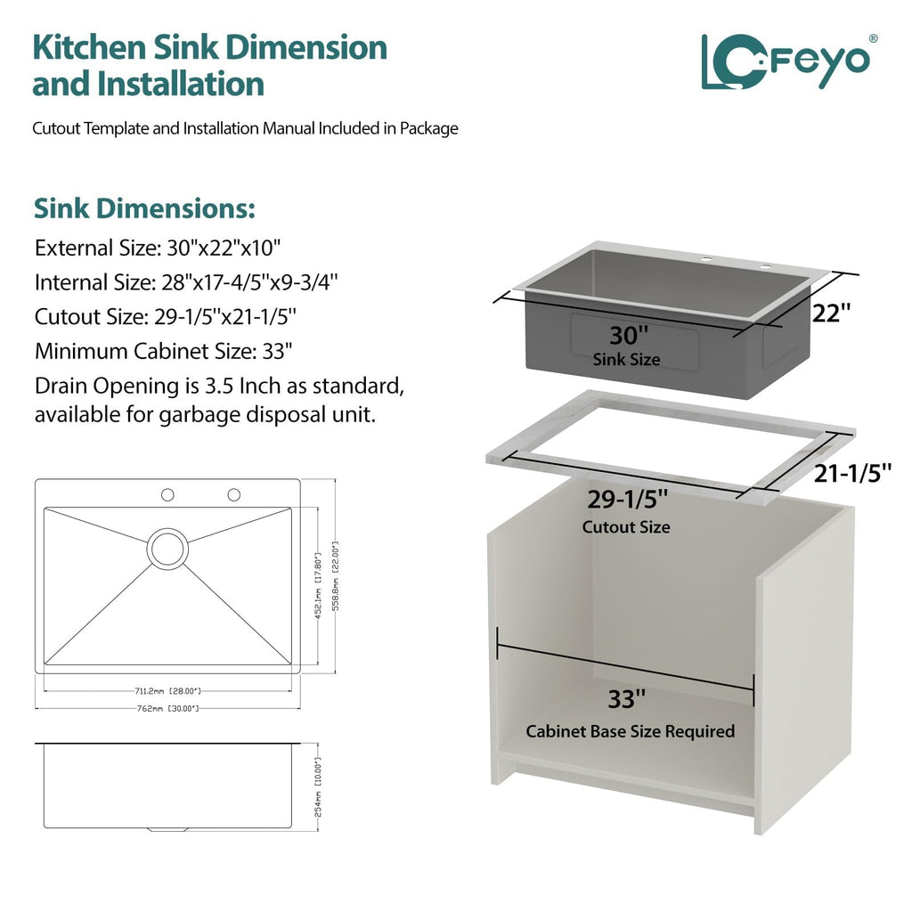 30x22 Inch Drop Sink with Pull-Out Faucet Combo Handmade Large Single Bowl 16 Gauge T304 Stainless Steel Modern Deep