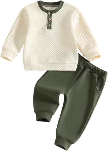 Toddler Boy Fall Winter Clothes Button Crewneck Sweatshirt and Pants Sets