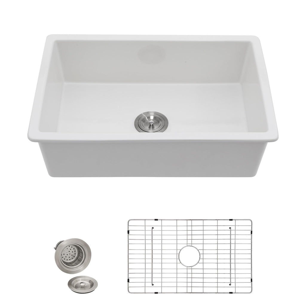 30 White Undermount Sink - 30"x18" Kitchen Sink Dual Mount White Ceramic Porcelain Fireclay Rectangular Deep Single