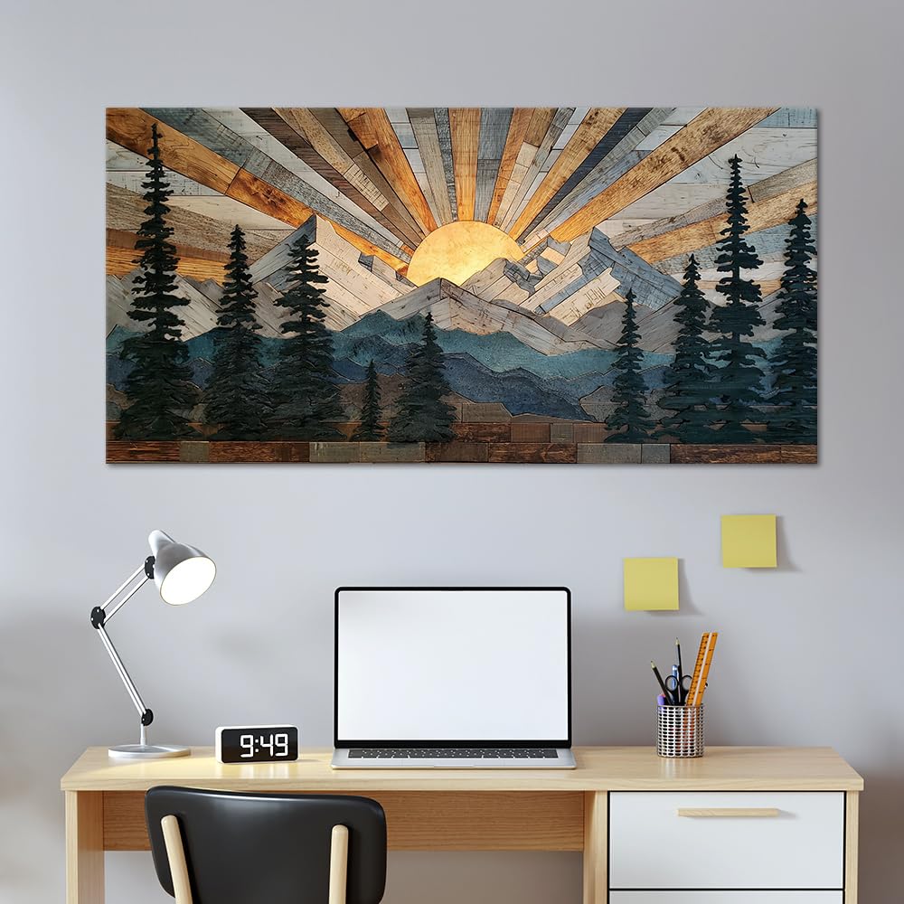 Boho Rustic Farmhouse Mountain Wall Art Sunrise Pine Tree Forest Nature Scenery Paintings Pictures Wall Decor Wood