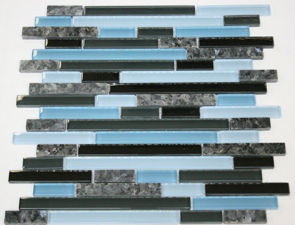 Random Brick Pattern Glass Wall Tile (Black, Gray & Blue Glass with Blue Pearl Granite)