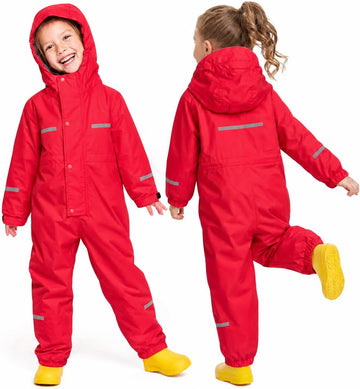 Kids Fleece Lined Rain Suit - One Piece Muddy Buddy for Toddler Boys Girls, Full Body Raincoat for Autumn