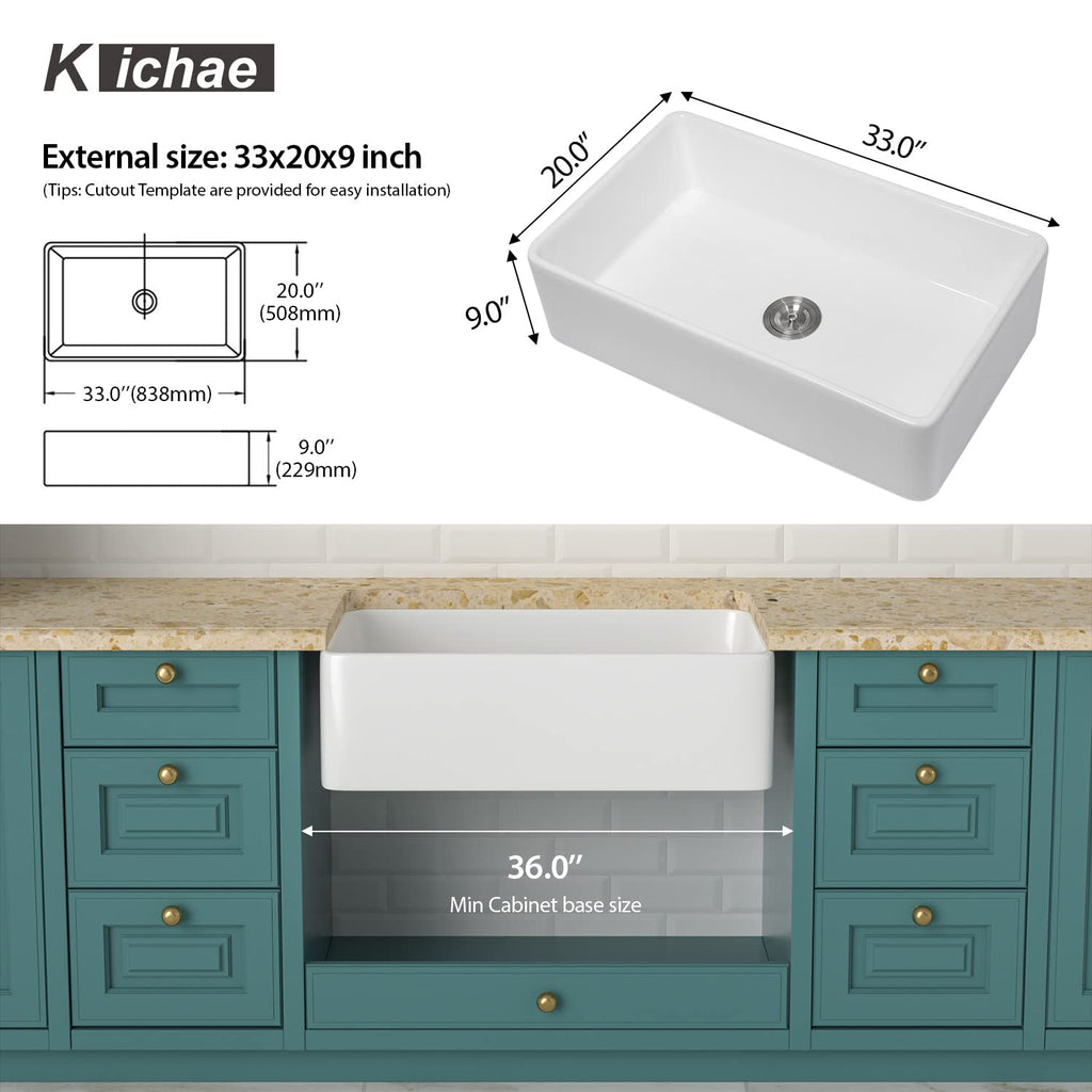 Farmhouse Kitchen Sink 33x20x9 White Apron Front Fireclay Farm Sink