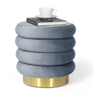 15.9 Inch Velvet Round Contemporary Modern Storage Ottoman Coffee Table with Gold Base, Grey