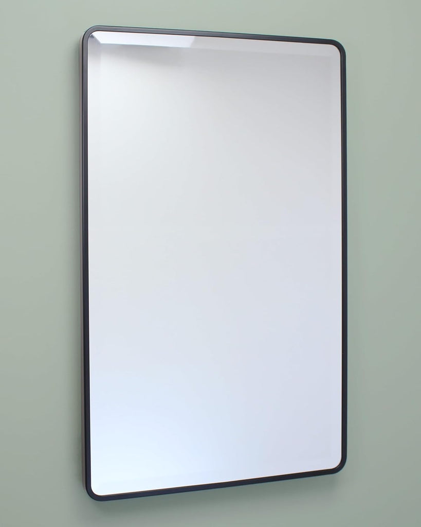 16x26 Austin Farmhouse Metal Framed Rounded Rectangle Recessed Bathroom Medicine Cabinet, Beveled Mirror, 14x24