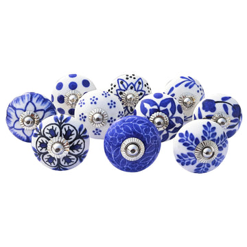 Vintage Blue Hand Painted Ceramic Pull Knobs Cabinet, Door & Drawer, Wardrobe, Cupboard (10 Designs x 2 pcs = 20