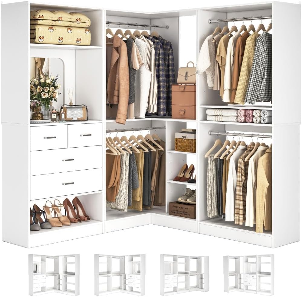 86" Closet System, Large Corner Closets Organizer with Hanging Rods and Mirror Design, Freestanding Adjustable Wood