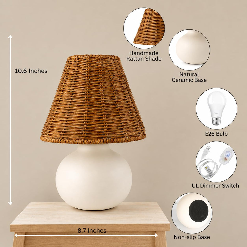 11" Small Table Lamp - Handmade Ceramic Cream Base with Wicker Rattan Shade, Dimmable Plug-in Nightstand Light