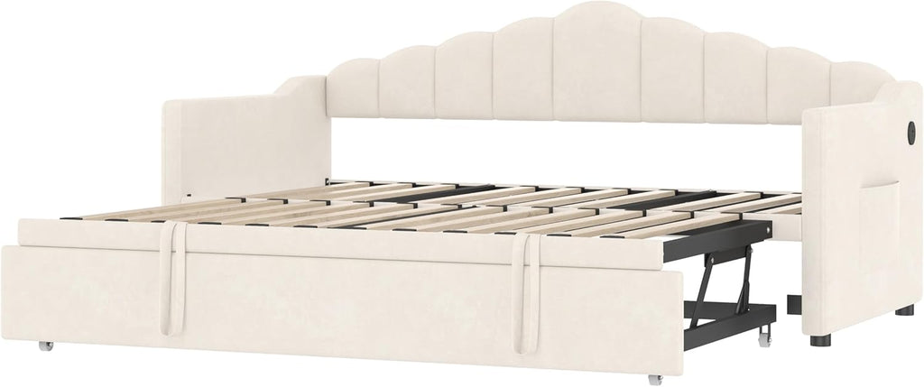 Daybed with Pop Up Trundle, Twin to King Sofa Bed Frame (Beige) | Velvet Upholstered, USB & Type-C Charging Port, 2