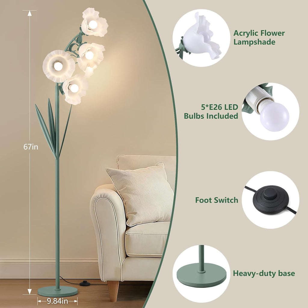 5 Light Flower Floor Lamp,3 Color Temperatures, LED Arc Floor Lamp with Foot Switch,Cute Floral Standing Lamp