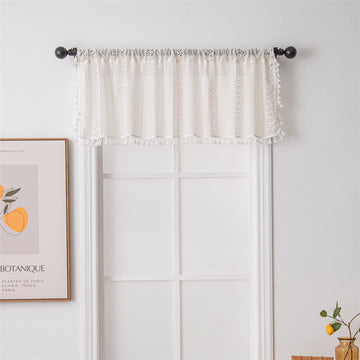 Lace Curtain 36 Inch Length, Valance Tier Boho Sheer Knitted Crochet Embroidery Geometric Decor, Handmade Tassels