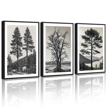 Vintage Tree Framed Wall Art Black and White Retro Antique Forest Drawings Nature Wilderness Sketch Wall Painting