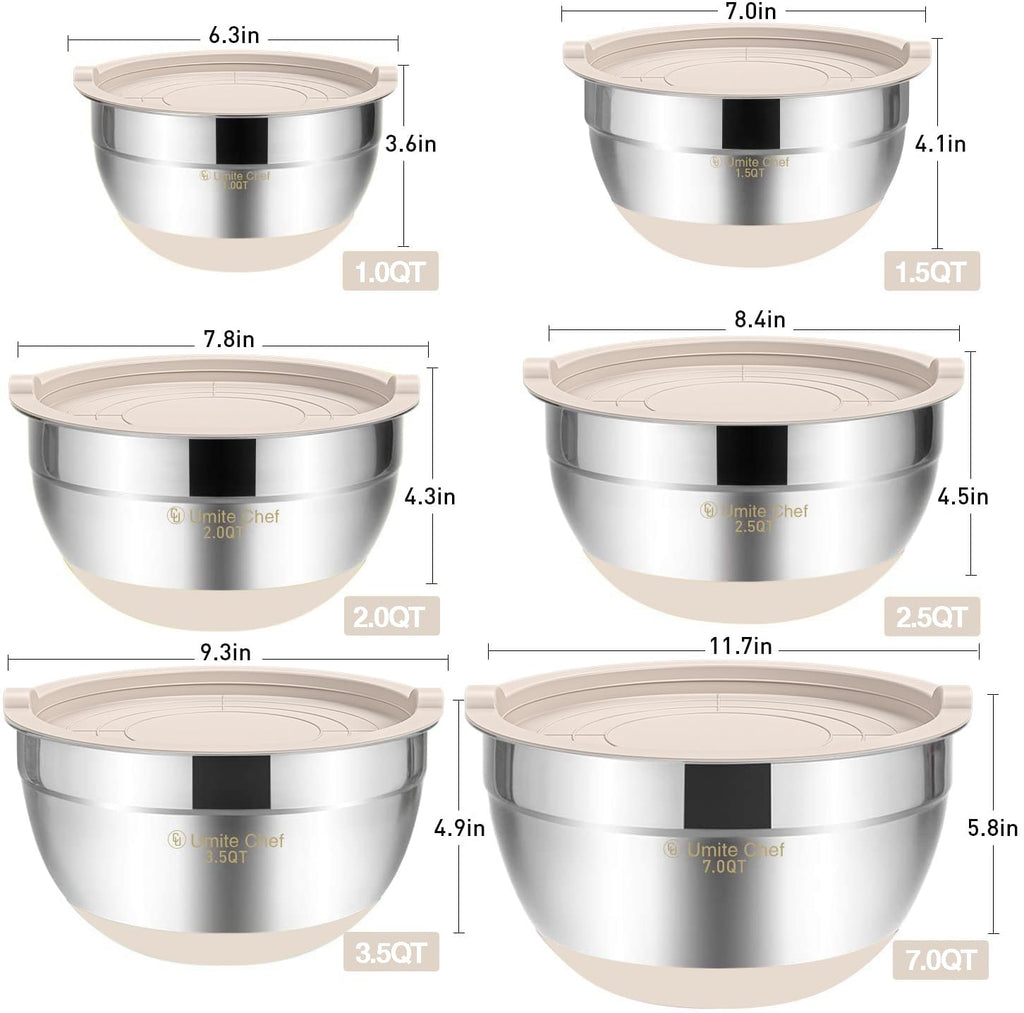 Mixing Bowls with Airtight Lids, 6 piece Stainless Steel Metal Nesting Storage Bowls, Non-Slip Bottoms Size 7, 3.5