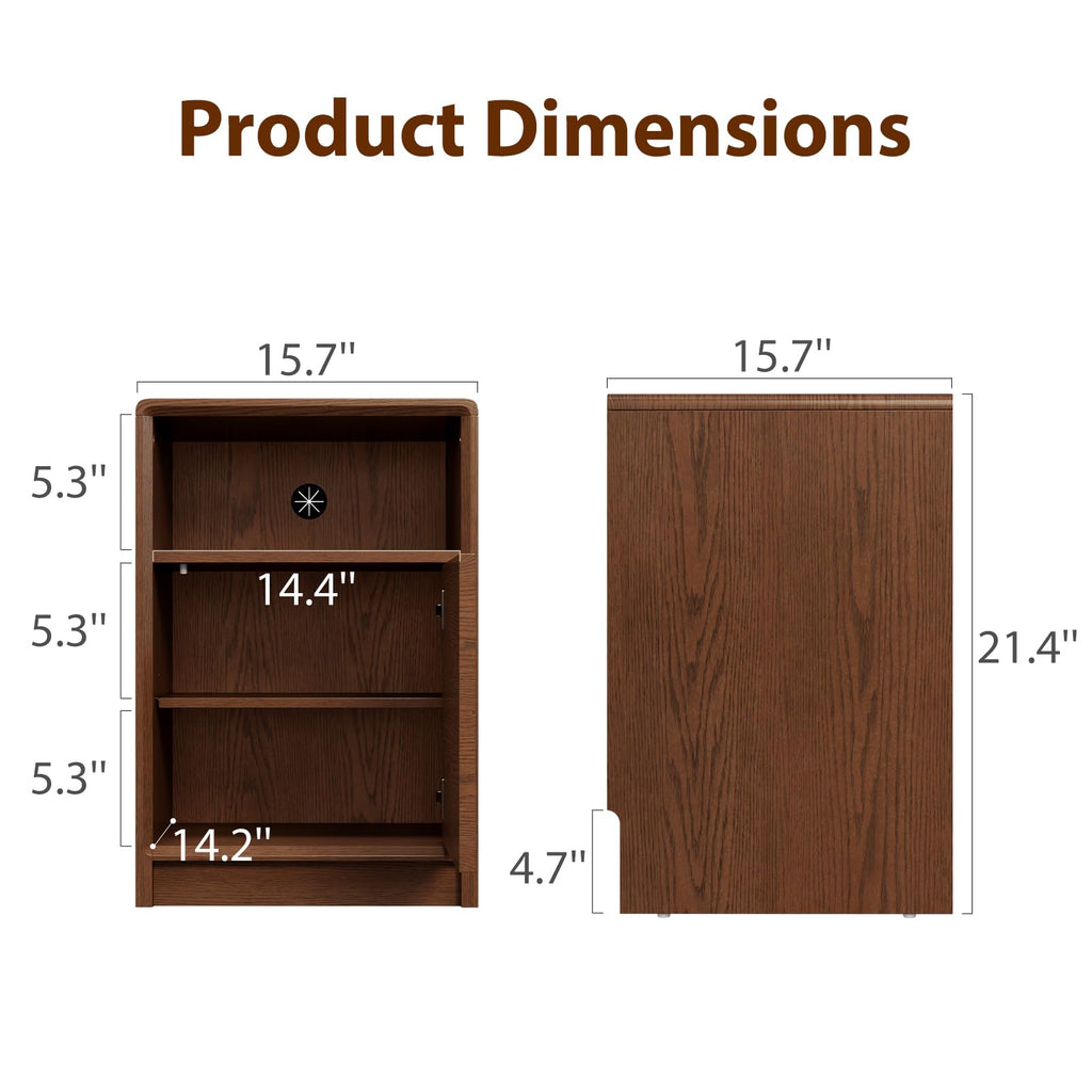 Rubberwood Nightstand, Modern Walnut Bedside Table with Removable Shelf, Open and Concealed Storage, Wooden Night