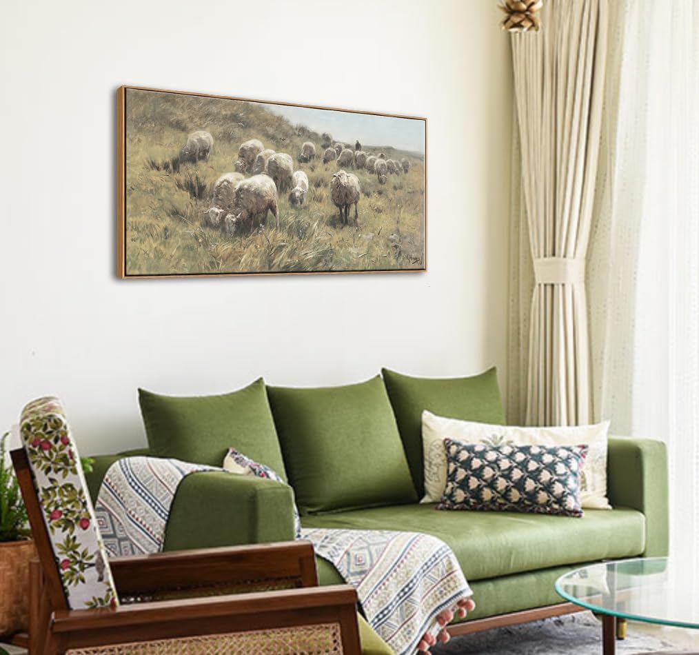 Large Framed Vintage Wall Art, Sheep on the Dunes Prints, 20x40in